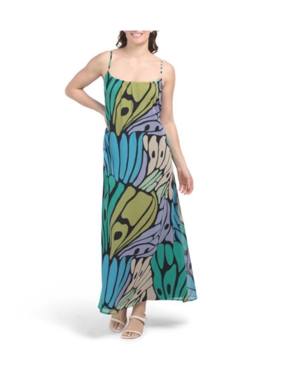 Sam Edelman Green, Teal & Blue Butterfly-Print Spaghetti-Strap Maxi Dress